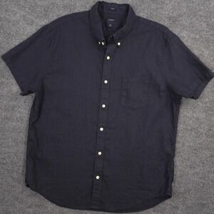 J Crew Shirt Mens XL Deep Navy Linen Blend Slim Fit Short Sleeve Button Down